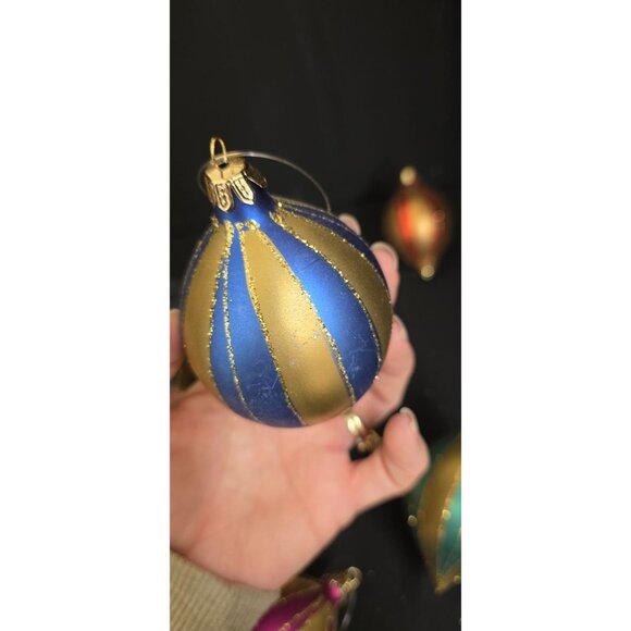 Vintage Glass Teardrop Christmas Ornaments with Gold Stripes and Glitter - Picture 9 of 11